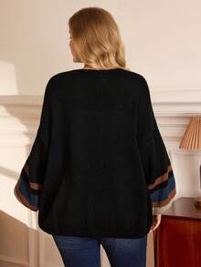 Rosumi Plus Size Women Casual Contrast Stripe Cardigan, Autumn/Winter,Fall Clothes For Women - Multicolor - View 3