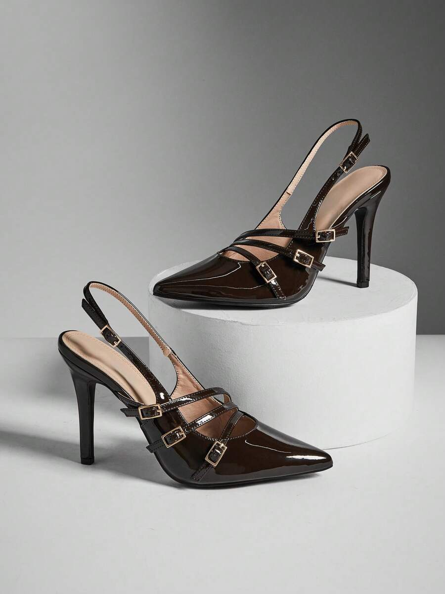 SHUZIA #ElegantStyle 女士巧克力色漆皮三扣带露跟高跟鞋 – 优雅尖头，时尚百搭，适合全天穿着。 - 巧克力棕 - 查看 1