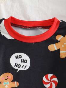 Bộ 2 món/Bộ đồ mặc nhà ôm sát hình người bánh gừng màu xanh lá cây Giáng sinh cho bé trai, chất liệu lông cừu mềm mại, co giãn cao, áo dài tay và quần dài - màu đen - Xem 8