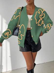 SHEIN Unity Cardigan Rajut Kasual Lengan Panjang Motif Bunga dengan Bahu Longgar untuk Wanita, Musim Gugur/Dingin - Hijau - View 3