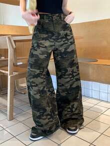 DAZY 女士宽松迷彩印花口袋休闲阔腿牛仔裤