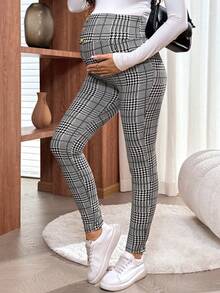 SHEIN Adjustable Waist Maternity Skinny Pants With Button Design, Houndstooth Pattern 2 Piece Maternity Set Maternity Leggings 2 Piece Sets Woman Pregnancy Maternity Clothes Nanny Pregnancy Pants - Black and White - View 6