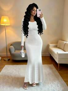SHEIN Elenzya Váy len dệt kim xoắn thanh lịch thu đông dành cho nữ, thiết kế vai bất đối xứng, tay dài, xếp ly eo, ôm vừa vặn - Màu be - Xem 8