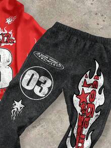 SHEIN 3 件套青少年男孩休闲简约连帽衫和喇叭裤套装，适合秋冬季，勇气，红色和黑色 - 彩色 - 查看 4