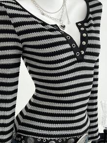 SHEIN Unity 女士优雅条纹长袖T恤，百搭休闲日常穿着，秋冬款 - 彩色 - 查看 6