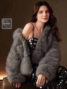Anewsta Short Hooded Fluffy Faux Fur Patchwork Fashion Jacket, Autumn/Winter - Dark Grey - View 1