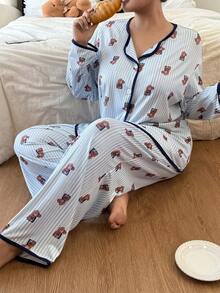 SHEIN Bộ đồ ngủ tay dài họa tiết gấu sọc dễ thương cỡ lớn cho nữ, dễ thương, màu tương phản, dễ mặc, thu đông - Màu xanh lam - Xem 5