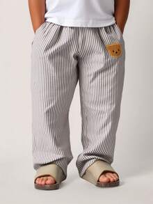 年轻男孩休闲街头风格条纹梭织裤，带口袋，直筒裤，轻便舒适，适合外出、度假、摄影、上学、运动、聚会，适合春夏季 - 卡其色 - 查看 7