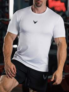 GymBeat Camiseta de manga corta con estampado de letra y cabeza de toro, estilo novio, para hombre. Camiseta básica deportiva, transpirable y ajustada con cuello redondo, para entrenamiento - Blanco - Ver 4