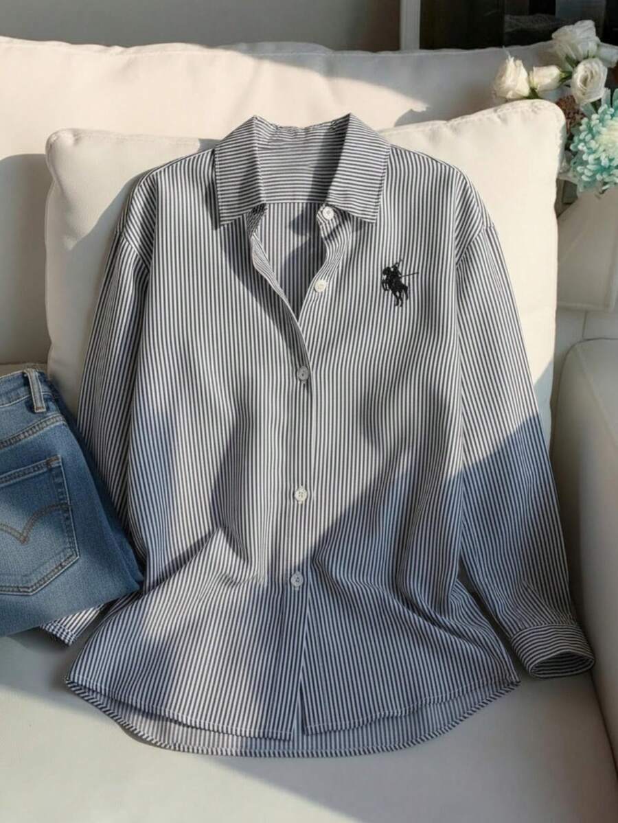 1pc Girls' Turndown Collar Long Sleeve Button-Up Striped Shirt With Embroidered Front Graphic, Casual Blouse For Autumn Fall Winter