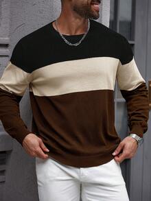 Manfinity Homme Plus Size Men's Contrast Color Round Neck Raglan Sleeve Casual Knit Pullover Sweater - Brown - View 4