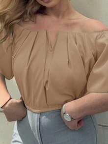 Jeta Ari Kemeja Crop Top Model V-Neck Tanpa Lengan Warna Polos, Musim Panas - Khaki - View 3