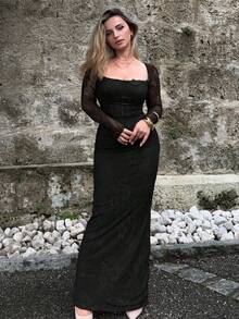 Jeta Ari 女士新款性感S形蕾丝长袖紧身胸衣美人鱼连衣裙，适合派对、约会、晚会 - 黑色 - 查看 6