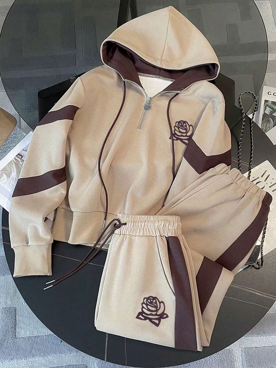 Franclia Regular Drop Shoulder Hooded Half-Zip Long Sleeve Sweatshirt + Casual Drawstring Ankle Pants - Khaki - View 1