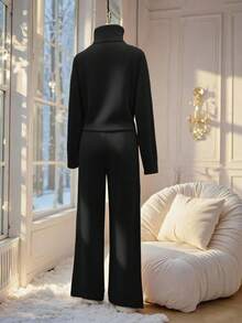 SHEIN Franclia 两件套女士休闲宽松纯色高领毛衣，优雅百搭，秋冬季 - 黑色 - 查看 2