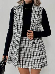 Juhart Ensemble 2 pièces grande taille pour femmes, composé d'un gilet à motif écossais et d'une jupe mi-longue évasée. Élégant pour les déplacements quotidiens