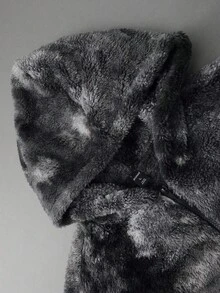 ROMWE MEN Street Life 男士长袖宽松扎染抓绒连帽外套，秋冬款 - 深灰色 - 查看 6