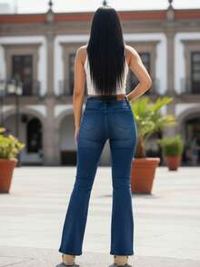 Pantalones de mezclilla para mujer estilo urbano casual cintura alta corte acampanado tela elástica ajuste slim sin mangas cuello redondo verano uso diario - Azul - Ver 3