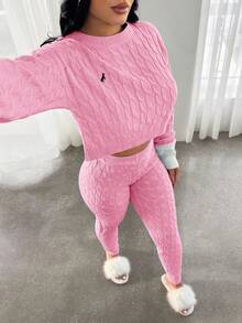 SHEIN SXY 两件套蓝白拼接刺绣针织休闲套装，秋冬款 - 粉色 - 查看 6