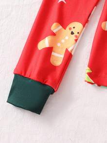 2pcs/Set Girls' Green Gingerbread Christmas Color Soft Fleece Elastic Long Sleeve Top And Pants Homewear Set Snug Fit - Red - View 7