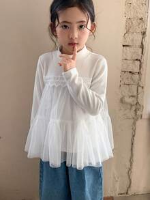 DAZY 女童撞色网纱长袖韩版T恤