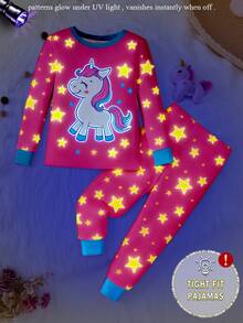 2 Piece Sets Snug Fit Pjs  Baby Girls Cute Unicorn & Star Print Knitted Elastic Fabric Soft Comfortable Glow In The Dark Long Sleeve Top And Pants 2 Pieces Pajama Set .This Product Requires UV Light Exposure To Glow. Unicorn Outfit For Girl Toddlers