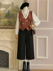 SHEIN MOD Plus Size Women's Embroidered Khaki Cropped Tank Top, Black Knit Pants Vest And Pants Set Wide Leg Pants Woman 70s Women Outfit, Embroidered Tops, Vintage Corduroy, Autumn And Winter Suits, Matching Suits Two Pieces Outfit Set Wide Leg Pants Outfit Brown Vest Outfit 70s Outfit Women Outfit Set Brown Outfit Women