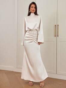 Aloruh Women's Glamorous Elegant High Collar, Padded Shoulder, Wide Shoulder, Waist Cinched, Ruched, Solid Color, Long Satin Dress,Women Dating Dress,Women Night Out Dress,Wedding Guest Dress Women ,Sun Dresses For Women ,Elegant Dresses For Party Birthday Dresses For Women,Id AI-Adha , AI-Adha Party - Apricot - View 4