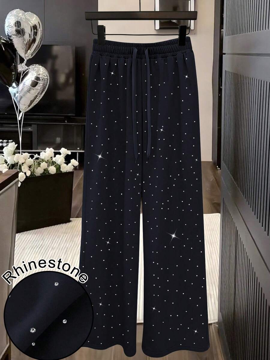 GlowEve 女士时尚水钻装饰高腰抽绳宽松直筒运动裤 - 藏蓝色 - 查看 1