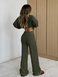 SHEIN EZwear Bộ 2 món áo len dài tay cổ tròn màu xanh ô liu trơn kèm quần dài cỡ lớn, thu đông - xanh quân đội - Xem 2