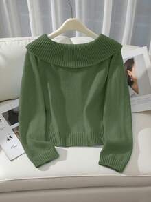 Franclia Button Decor Off Shoulder Solid Color Elegant Long Sleeve Sweater - Army Green - View 2