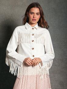 WESTFADE Collared Button Front Western Fringe Cropped & Boxy Fit Denim Jacket Fall, Autumn, Winter, Casual - White - View 4