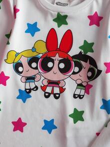 THE POWERPUFF GIRLS X SHEIN 女童卡通星形印花圆领长袖上衣和打底裤睡衣套装 - 白色 - 查看 4