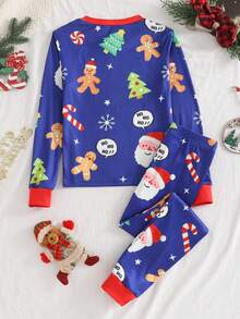 2pcs/Set Piyama Anak Perempuan Motif Manusia Kue Jahe Hijau Warna-warni Bahan Fleece Lembut Lengan Panjang Atasan dan Legging - Royal Blue - View 2