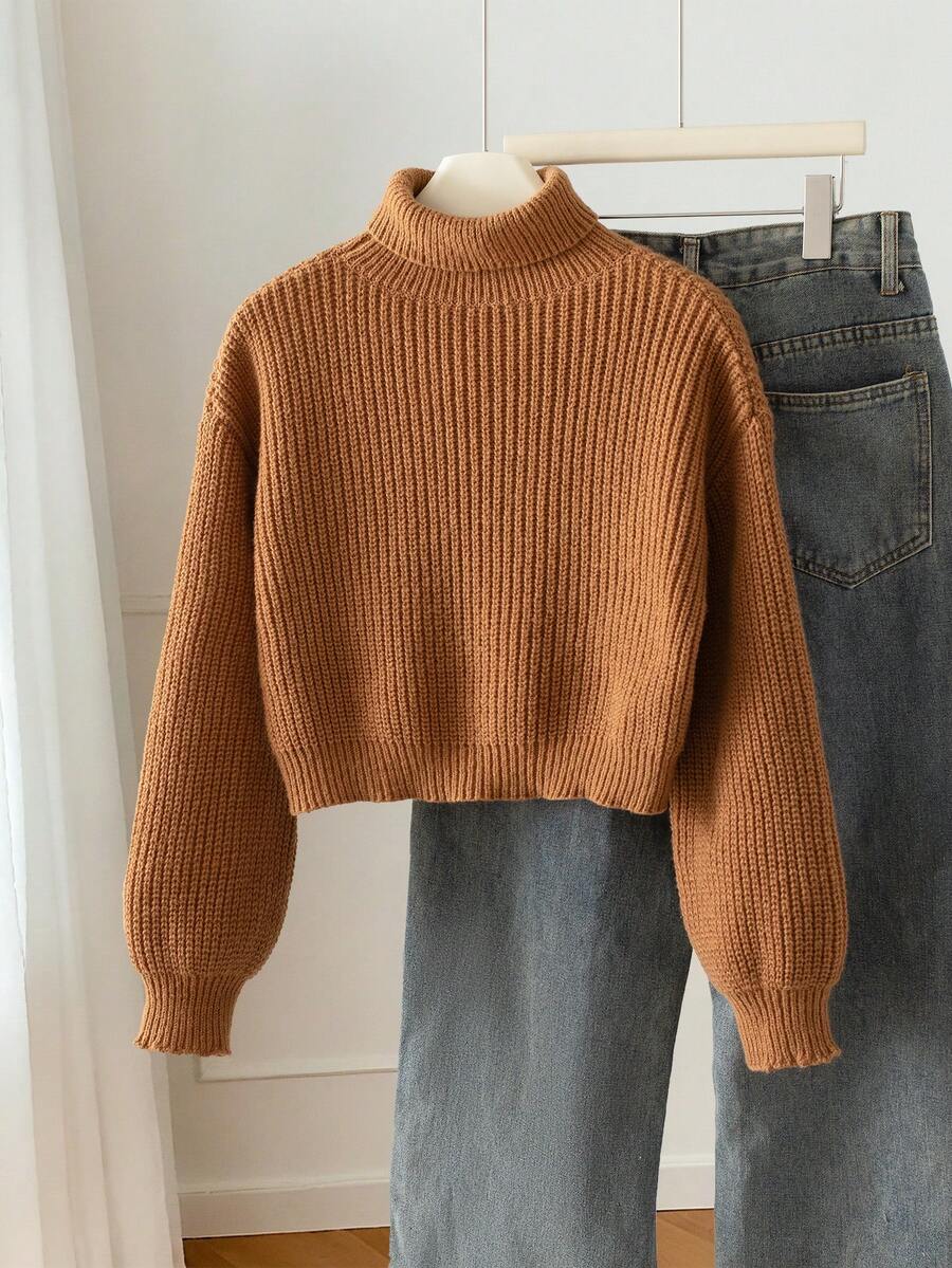 SHEIN 青少年女孩休閒純色短版高領毛衣,棕色調,秋季,學校,返校季,麻花編織長袖上衣,青少年女孩冬季針織衫 - 棕色 - 查看 1