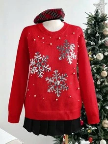 SHEIN LUNE Red Cute Holiday Christmas Women's Sweater,Autumn 3D Embroidered Sequin Snowflake Pearl Pullover,Loose Long Sleeve Round Neck Casual Festive Jumper - Red - View 5