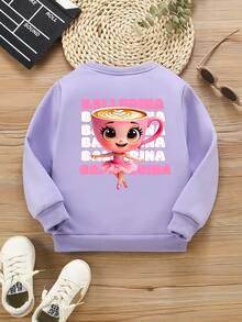 SHEIN Explorewe 1件女童休閒時尚可愛杯子芭蕾女孩彩色趣味字母圓領運動衫，秋季穿搭 - 紫色 - 查看 3