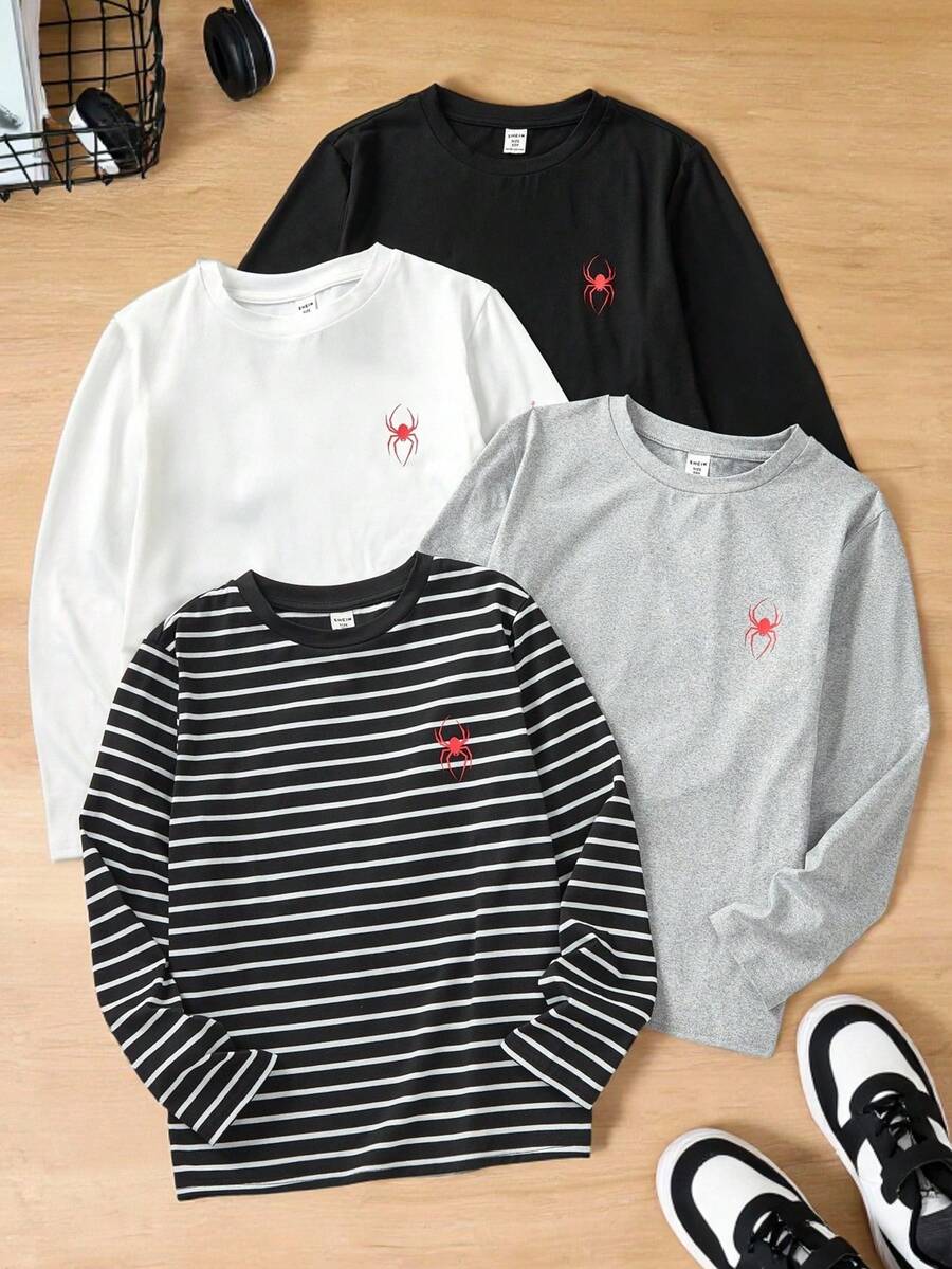 SHEIN 2件套/套 青少年男童休闲条纹骑士图案长袖T恤4件套,适合儿童圣诞礼物、毛衣、裤子、慢跑裤,酒红色波西米亚哥特风Y2K锐舞度假假日节日圣诞节秋冬复古休闲舒适 - 彩色 - 查看 1