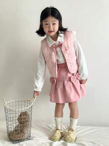 SHEIN 3pcs/Set Young Girls Autumn/Winter New 2025 Outfit, Collar Ruffle Flutter Sleeve Elastic Cuff Cardigan, Bow Vest, Pink Pleated Skirt, Sweet & Fashionable Versatile 3-Piece Set - Multicolor - View 4