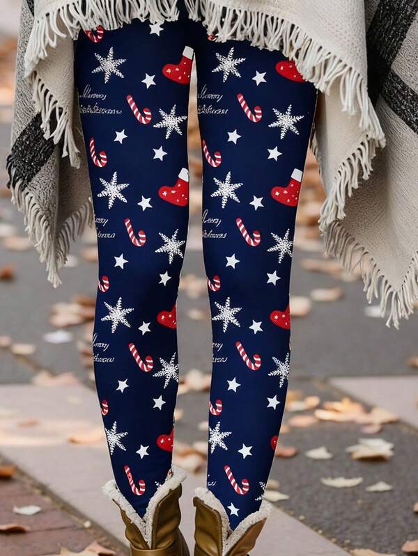 EMERY ROSE 1pc Festive Christmas Print Skinny Leggings For Women, Polyester Knit Fabric, All-Season Stretchy Pants, Adult Fit