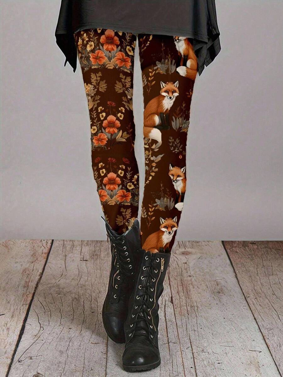 EMERY ROSE Quần bó bó co giãn họa tiết cáo và hoa quyến rũ dành cho nữ - Chất liệu polyester pha trộn thoải mái, cạp chun, mặc được mọi mùa - Nhiều màu - Xem 1