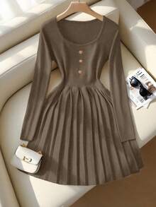 SHEIN Franclia 新款秋季优雅百搭修身腰部褶裥连衣裙 - 棕色 - 查看 1