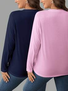 EMERY ROSE 2 chiếc áo thun dài tay cổ tròn màu xanh navy và hồng dành cho nữ, áo thường ngày và đa năng, mùa thu/đông - Nhiều màu - Xem 2