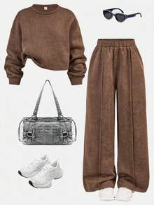 SHEIN Bộ 2 món áo nỉ cổ tròn tay dài rộng rãi, giặt axit, phong cách đường phố thường ngày cho bé gái tuổi teen và quần dài ống rộng xếp ly, bộ quần dài màu nâu cà phê cho bé gái tuổi teen, bộ đồ màu nâu, bộ đồ hai món thường ngày cho bé gái - Cà phê nâu - Xem 2