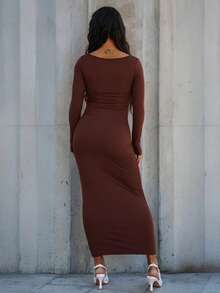 SAYEHFBABY Autumn Wear Solid Color Square Neck Tight Black Long-Sleeved Dress