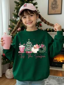 SHEIN 圣诞快乐少女时尚创意可爱圣诞老人、圣诞树、花环、拐杖糖、字母印花圆领卫衣，适合圣诞派对 - 綠色 - 查看 1