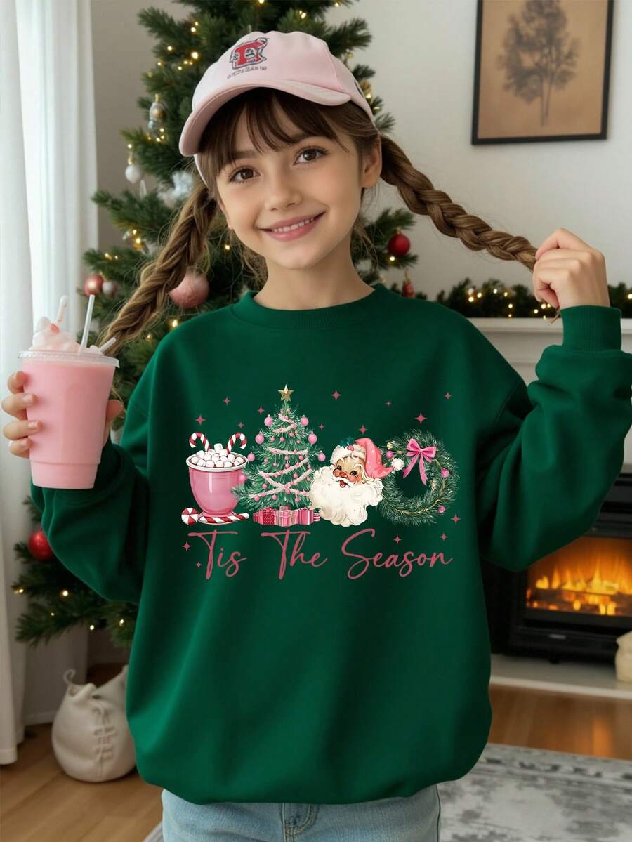 SHEIN 圣诞快乐少女时尚创意可爱圣诞老人、圣诞树、花环、拐杖糖、字母印花圆领卫衣，适合圣诞派对 - 綠色 - 查看 1