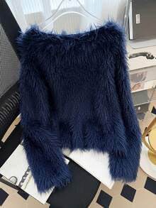 SHEIN Clasi Cardigan Kasual Warna Polos Ukuran Besar, Musim Gugur/Musim Dingin - Biru - View 2