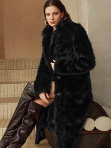 Arave 秋冬通勤时尚纯色人造毛皮夹克 - 黑色 - 查看 1