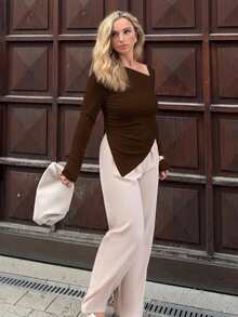 Jeta Ari Asymmetrical Hem Long Sleeve Solid Color T-Shirt Top , Minimalist Fashion For Casual Daily Wear Basic Long Sleeve Topslong Sleeve Black Topwomen Long Sleeve Topsblack Top Long Sleeve Coffee Brown Top